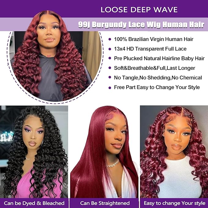 30 Inch Burgundy Loose Wave Lace Front Wig Human Hair Pre Plucked 180% Density 99j Burgundy Loose Deep Wave Wig 13x4 Hd Full Lace Frontal Wigs 99j Glueless Human Hair Wigs For Women