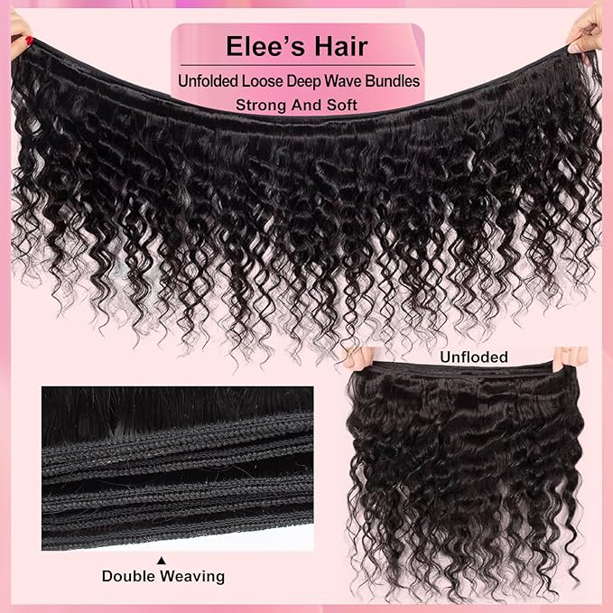 12A Grade Brazilian Virgin Loose Wave Hair 3 Bundles 14" 16" 18" 300g 100% Unprocessed Virgin Brazilian Remy Loose Deep Wave Human Hair Weave Bundles for Black Women Natural Color