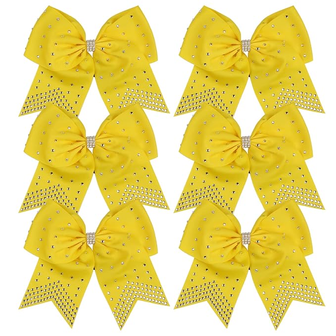 8 Inch Cheerleader Bows Ponytail Holder with Bling Fling Rhinestones Hair Tie Cheerleading Bows 6 Pcs (Yellow)