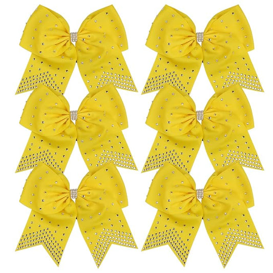 8 Inch Cheerleader Bows Ponytail Holder with Bling Fling Rhinestones Hair Tie Cheerleading Bows 6 Pcs (Yellow)