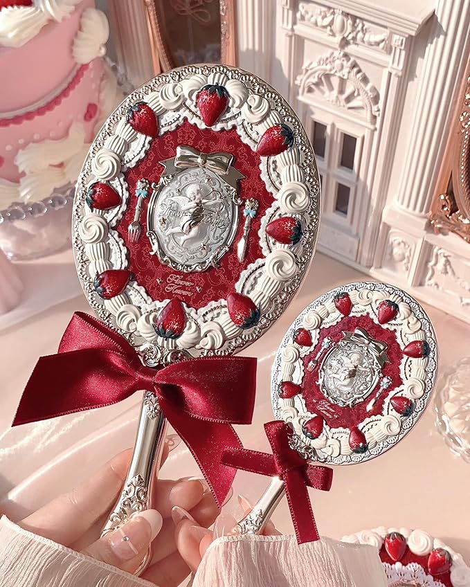 Flower Knows Strawberry Cupid Hand Mirror,Portable Vintage Handheld Mirror,Durable Metal Mirror,Cute & Aesthetic Princess Mirror,with Long Handle for Easy Holding,Gift for Girls(Red Velvet)