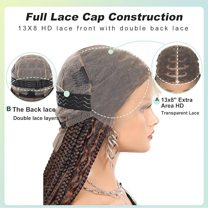 18" 13x8 Inch HD Lace Front Boho Box Braided Wigs With Cruls Ends Short Knotless Box Braid Wig for Women Full Braided Lace Front Wig With Baby Hair Brown Natural Color