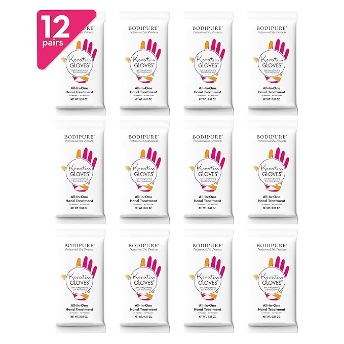 Bodipure Professional Keratin Gloves for Nail Strengthening, Moisturizing Hand Mask for Dry and Cracked Hands, Hand and Cuticle Treatment with Vegetable Keratin Cream 12 Pairs
