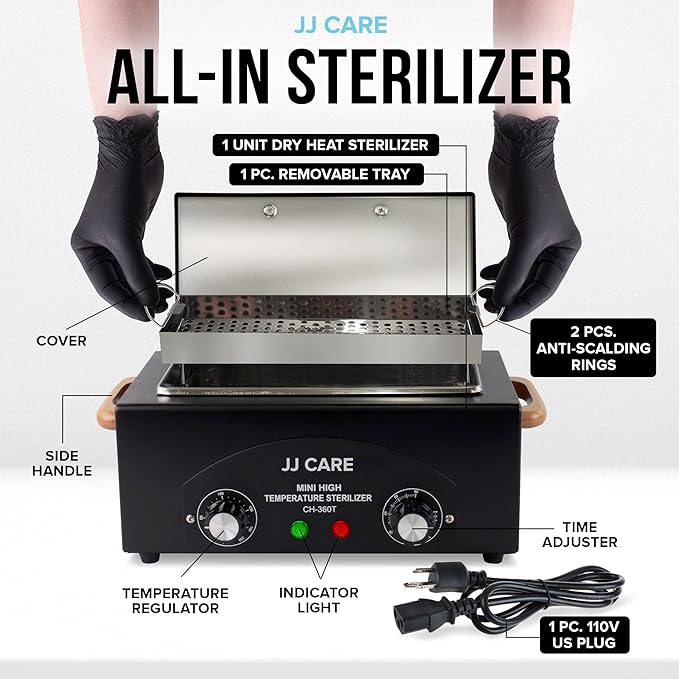 JJ CARE Dry Heat Sterilizer for Metal Tools, 1.8L High Temp Sterilizer for Nail Tools with Timer, Stainless Steel Nail Tool Sterilizer, Auto-Shut Off Sterilization Machine, Nail Sterilizer Machine