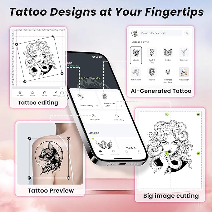 2025 New Version Tattoo Stencil Printer with 10pcs Transfer Paper, Wireless Thermal Tattoo Transfer Printer, Bluetooth Portable Tattoo Machine Compatible with Smartphone & Pad, Pink