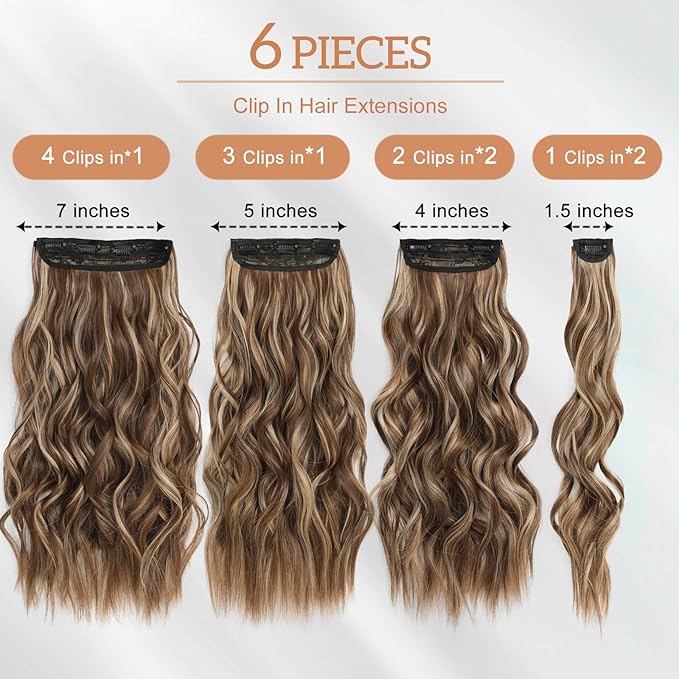 Clip in Hair Extensions for Women - 20 Inch Long Wavy Brown Extensions, 6PCS Hairpieces that Blend Naturally with Your Real Hair (20 Inch, Chocolate Brown&Honey Blonde)