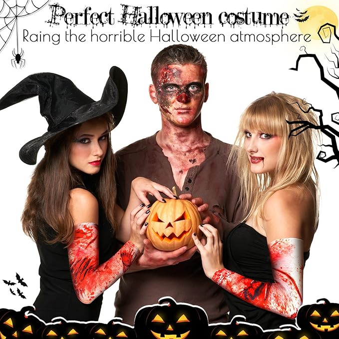 Eurzom 4 Pairs Zombie Bite Party Sleeves Halloween Arm Temporary Tattoo Sleeves Set for Women Scar Men Tattoo Covers