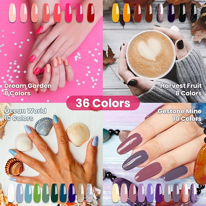YTD Likomey Gel Nail Polish Kit,36 Colors and 4 Pcs Base Coat and Reinforce Coat Glossy&Matte Top Coat with UV LED Nail Lamp Starter Set,Salon Home DIY Nail Art Manicure Box