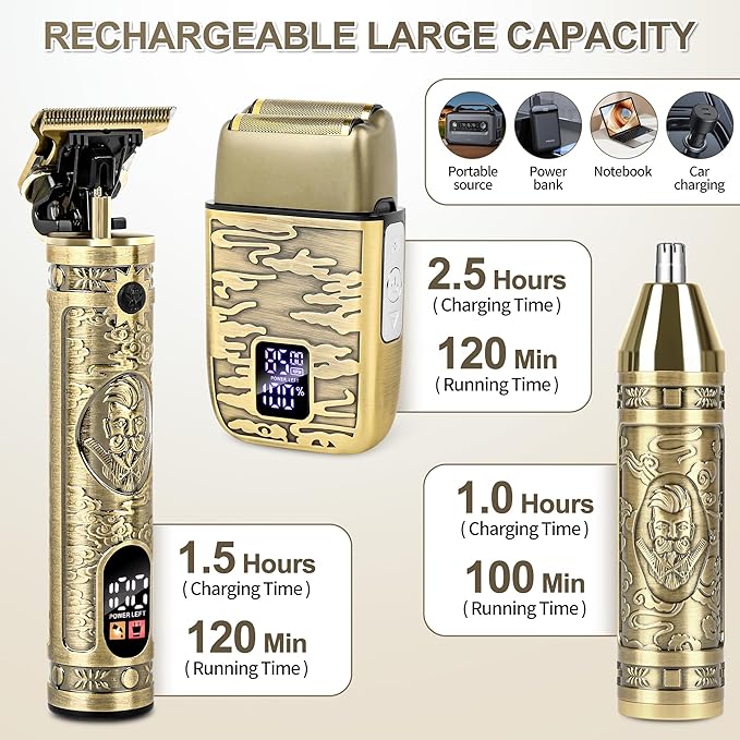 Electric foil Shaver for Men,T-Blade Beard Trimmer Razor Nose Hair Trimmer Set,Cordless Rechargeable Electric Beard Trimmers Professional Hair Clippers Kit with LCD for Men