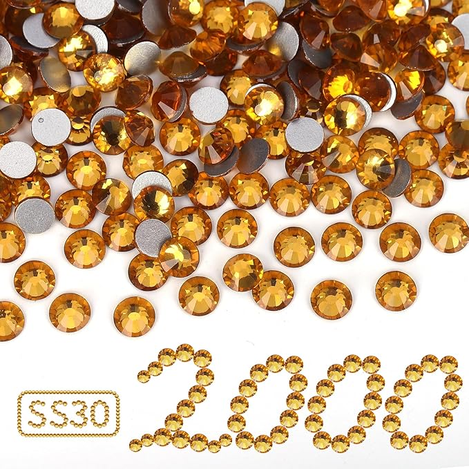 2000PCS Gold Yellow Rhinestones Bulk, Flat Back Crystal Glass Stone Round Gems,SS30, 6.4-6.6mm
