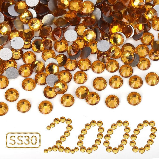 2000PCS Gold Yellow Rhinestones Bulk, Flat Back Crystal Glass Stone Round Gems,SS30, 6.4-6.6mm