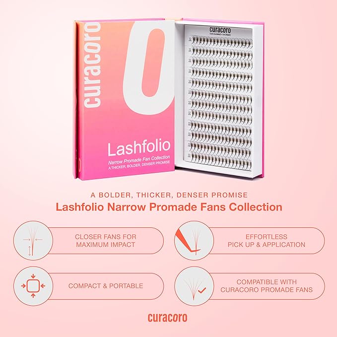 Curacoro LashFolio Narrow Wispy Fans, Handmade Volume Eyelashes, 5D To 10D, C CC D Curl, 0.03~0.07 mm, 8-13mm Mix Length, Professional Long-Lasting Promade Lash Fans (7D-0.05 C 8mm-13mm)