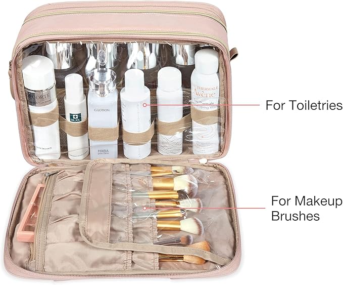 BAGSMART Travel Makeup Bag - Water-resistant Cosmetic Organizer for Full Sized Toiletries, Shampoo, and Accessories (Pink, Large)