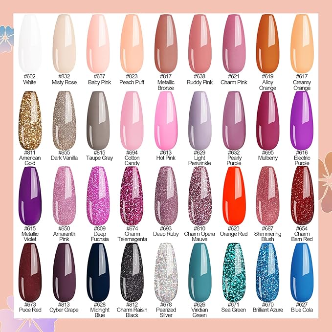 Lavender Violets 42 Pcs Gel Nail Polish Set, 36 Colors with 6 Bottles of Base Top Coat, Glossy Matte Diamond Shine Glow in the Dark Top Coat All Season for Nail Art Designs C952