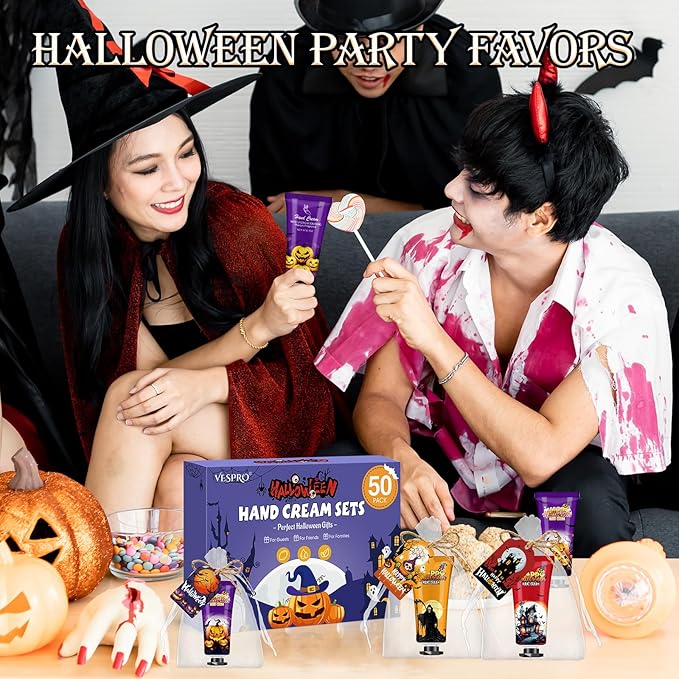Halloween Hand Cream Set - 50 Gift Packs with Cards & Bags, Perfect for Parties & Decorations