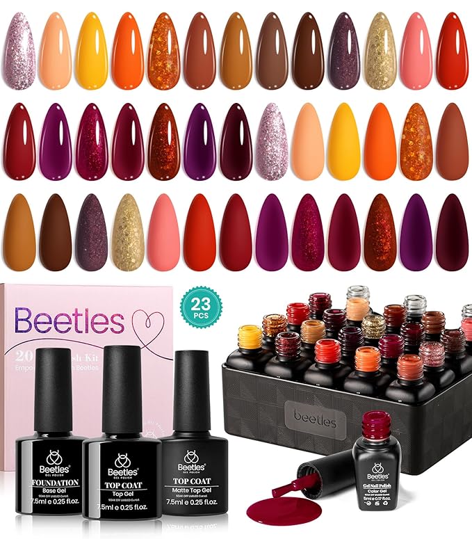 Beetles Gel Nail Kit, 300Pcs Almond Medium Nail Tips with Solid Nail Gel Glue, Beetles 23Pcs Fall Gel Nail Polish Kit Winter 20 Colors with Base Gel Top Coat Orange Brown Burgundy Red Gel Polish Set