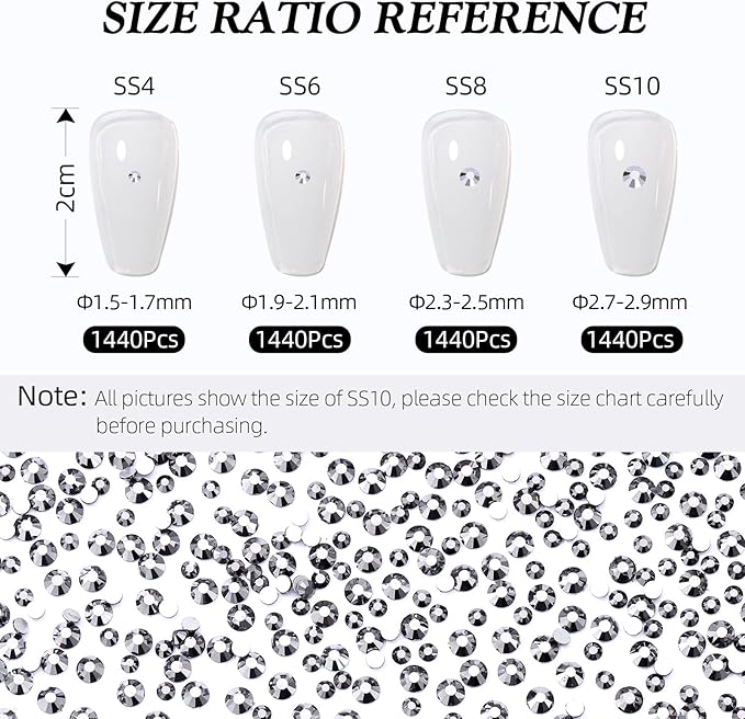 Black Hematite Flatback Rhinestones, Glass Rhinestones for Nail Art and Craft, Glue Fix, Loose Crystal Gemstones(Black Hematite, SS8, 1440pcs, 2.3-2.5mm)