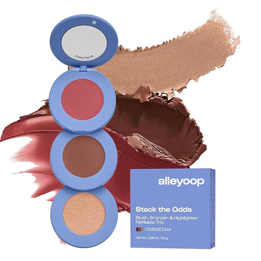 Alleyoop Stack The Odds - Stackable Makeup Palette - Cream Blush, Contour, Bronzer & Highlighter Blendable Cream Make up Palette - Natural, Glowy Finish, Compact Stack Makeup for Travel, Cocktail Hour