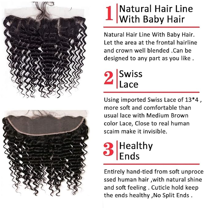 12A Grade Deep Wave Lace Frontal 13x4 Ear to Ear Lace Frontal 16 Inch 100% Unprocessed Brazilian Virgin Human Hair Swiss Lace Frontal Closure 200% Density Pre Plucked With Baby Hair Natural Color