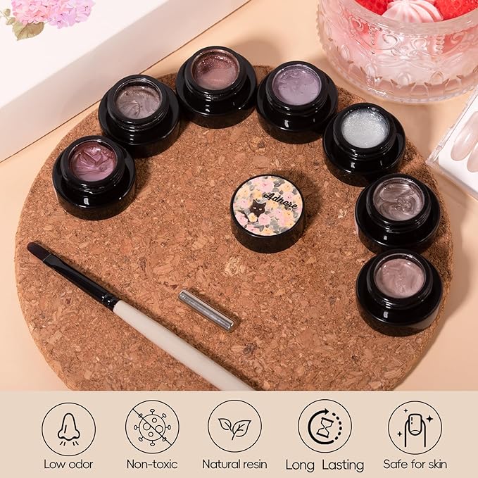 Adhere 7Pcs 5G Ultrafine Magnetic Water Light Sensation Colorful Light Cat Eye Gel Nail Polish, Transparent Light Pink Colored Glass Bead Cat Eye with Magnet Brush