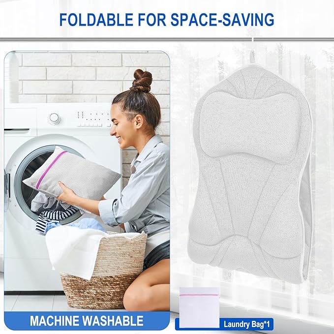 Full Body Bath Pillow for Bathtub, Thick Bathtub Cushion for Soaking Tub with Laundry Bag, Bathtub Accessories Bathtub Pillow Luxury Bathtub Pillows for Head,Neck & Back (White)