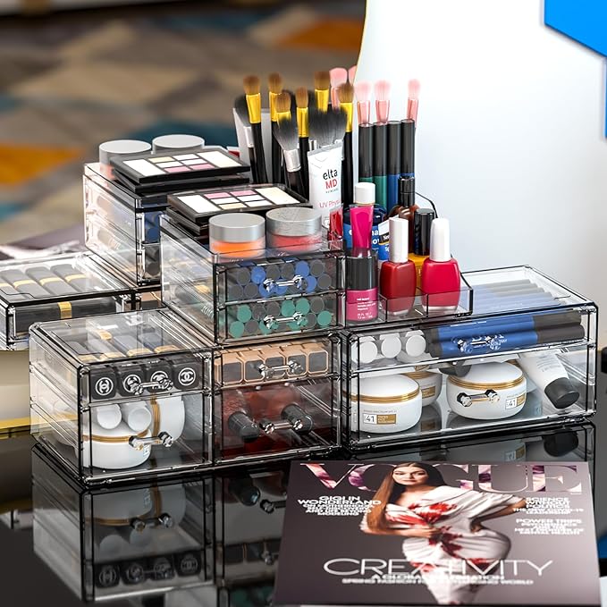 Cq acrylic 3 Pack Clear Make Up Organizers for Vanity With 8 Drawers,Stackable Skincare Organizer and Cosmetic Storage Organizer for Jewelry,Lipstick,Beauty,Skin Care,Vanity Organizers and Storage