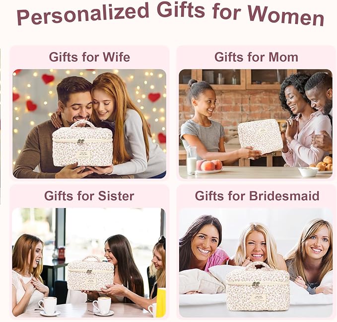 3Pcs Makeup Bag Cotton Quilted Travel Cosmetic Bag Cute Floral Makeup Pouch Large Toiletry Bag for Women Girls (Pink Floral)