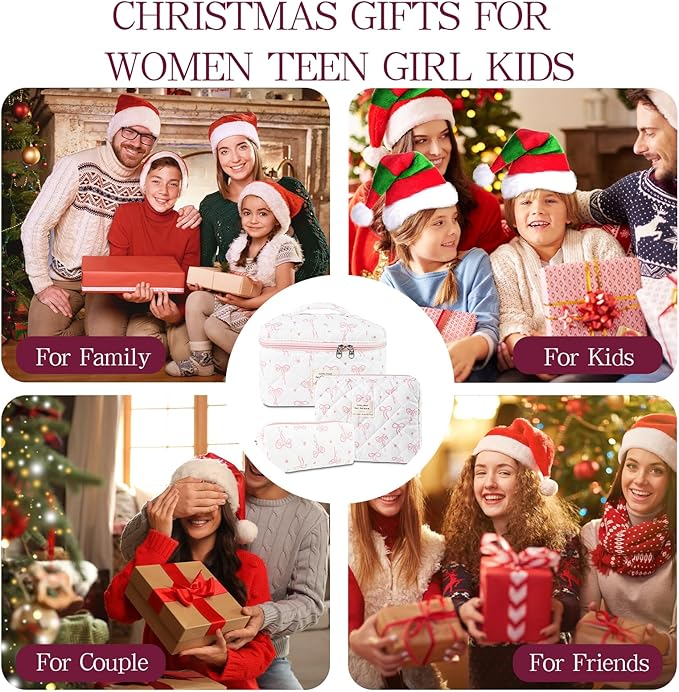 3Pcs Quilted Makeup Bag, Cute Floral Cotton Cosmetic Bag set, Coquette Bow Makeup Pouch Large Travel Toiletry Bag