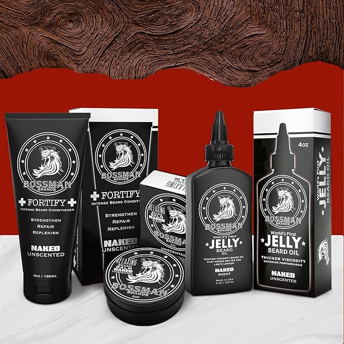 Bossman Essentials Beard Kit for Men – Beard Oil Jelly, Fortifying Conditioner Cream & Beard Balm – Grooming Care Accessories (Naked - Unscented)