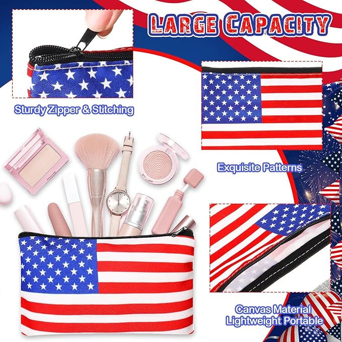 24 Pieces Makeup Bags Bulk Canvas Cosmetic Bags Purse Organizer Zipper Cosmetic Pouch Portable Travel Toiletry Pouch for Women Men Gifts, 7 x 4 Inch (Patriotic)