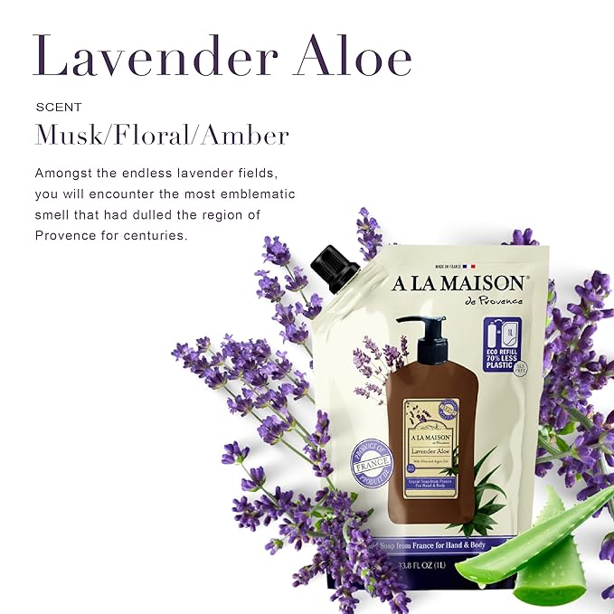 A LA MAISON French Liquid Hand Soap RefilL - Natural Hand Wash Made with Essential Oils - Biodegradable, Plant-Based, Vegan, Cruelty-Free (33.8 Fl Oz Pouch (3 Pack), Lavender Aloes)