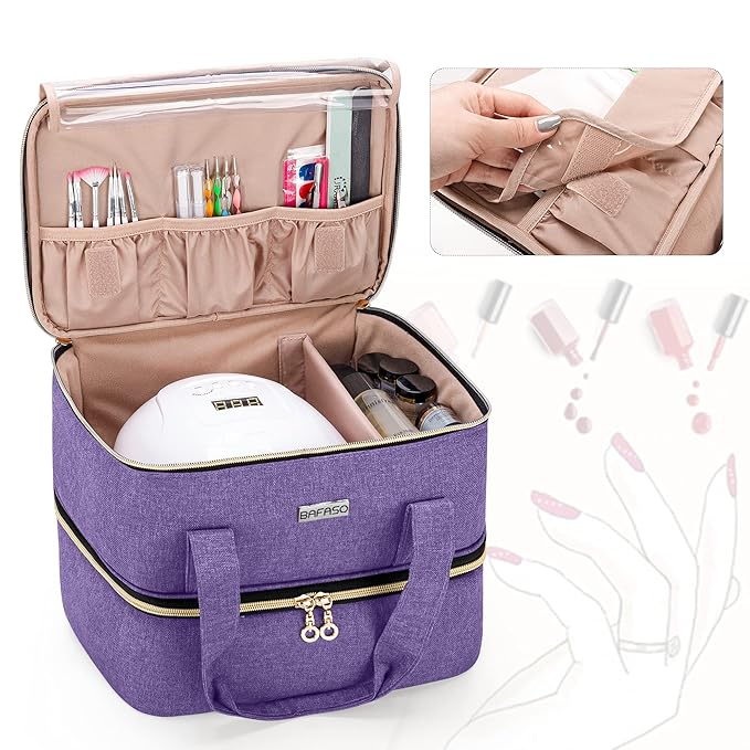 BAFASO Nail Polish Organizer Holds 40 Bottles (15ml - 0.5 fl.oz) and a Nail Lamp, Nail Polish Carrying Case with Manicure Tools Storage Sections (Bag Only), Purple