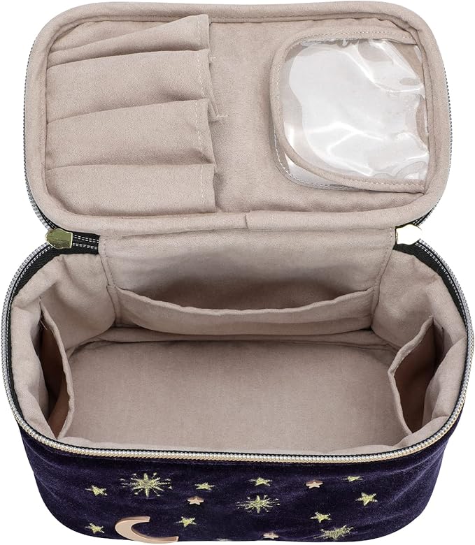 Handy cosmetic makeup bag,square Navy Velvet Embroidered Applique Moon Stars Sun Cosmetic Bag,High capacity Starry Makeup Pouch with Tassels & Pearl Zipper,Beautician Storage Bag Clutch Handbags