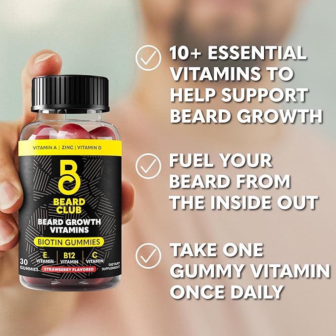 The Beard Club Biotin Beard Growth Vitamin Gummies - Beard and Hair Supplement for Men - Vitamins B12, E, & C to Support a Thicker Fuller Looking Beard - Mens Beard Care - Strawberry Gummy