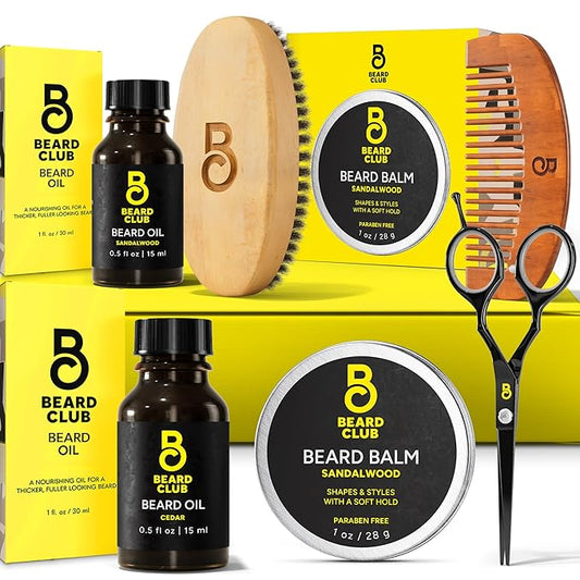The Beard Club Beard Kit for Men - Grooming & Care Kit - Cedar & Sandalwood Oil, Sandalwood Balm, Boar Bristle Brush, Comb, Trimming Scissors - Gift Set