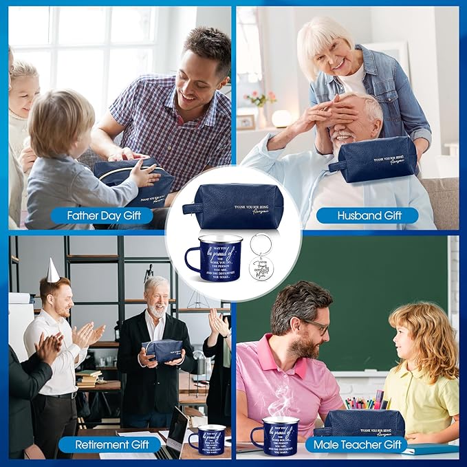 Dandat 3 Pcs Thank You Gift for Men Employee Appreciation Gift Leather Toiletry Bag 12 oz Inspirational Enamel Mug Motivational Keychain May You Be Proud Sign for Coach Men Teacher Male Staff (Blue)