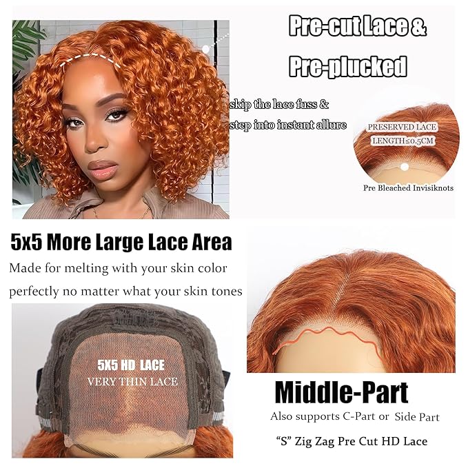 5×5 Closure Bob Wig Human Hair Glueless Wigs Human Hair Pre Plucked Pre Cut Short Curly Wig Water Wave Middle Part 350# Ginger for Women Wigs for Black Women 12Inch