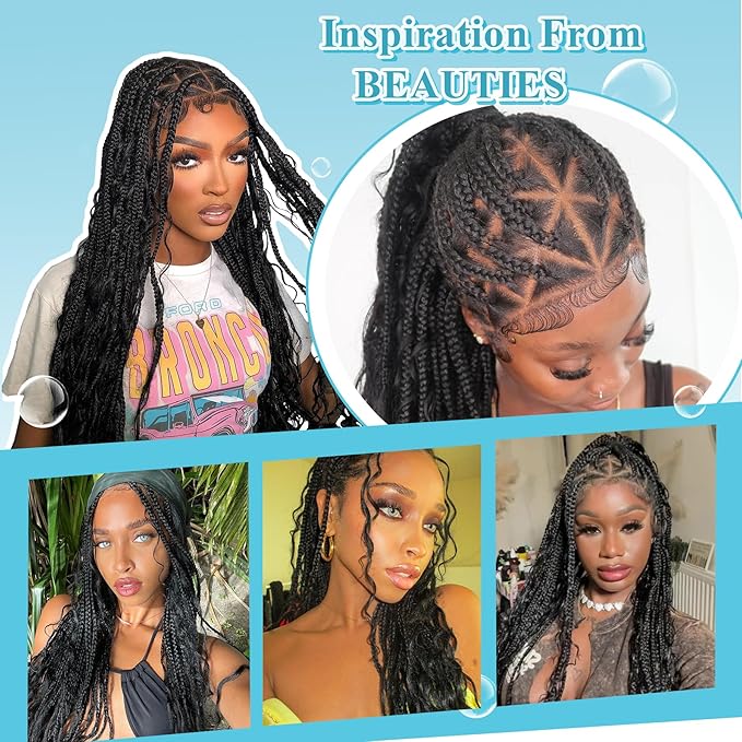 13x8'' HD Lace Front Boho Braided Wigs for Black Women Knotless Box Braid Wig Human Hair Blended Braided Lace Front Wig with Baby Hair Long Black 36 Inch