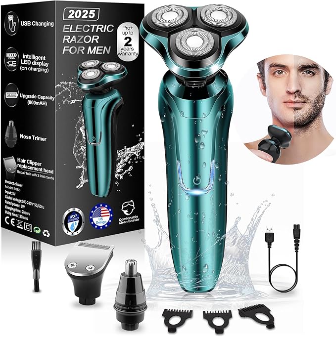Electric Razor for Men, Men's Rotary Shavers, Waterproof, Wet and Dry Rechargeable Electric Shaver for Men's Faces with a Cordless and Floating Head,Portable Travel Razor,an Ideal Gift for Men