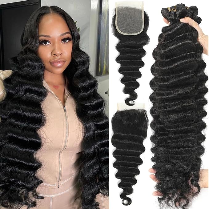 Brazilian Loose Deep Wave Bundles With Closure Human Hair 24 26 28+20 Inch 100% Unprocessed Virgin Hair 3 Bundles and 4X4 Closure Free Part Natural Color for Women