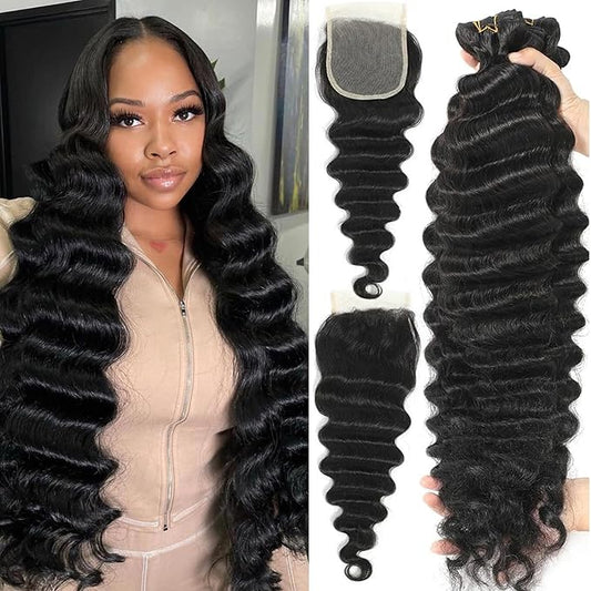 Brazilian Loose Deep Wave Bundles With Closure Human Hair 24 26 28+20 Inch 100% Unprocessed Virgin Hair 3 Bundles and 4X4 Closure Free Part Natural Color for Women