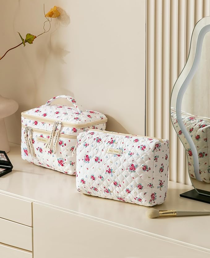 HBselect 2Pcs Travel Makeup Bag, Large Cotton Quilted Makeup Bag Cosmetic Bag Cute Make up Bag Toiletry Bags for Women Girls