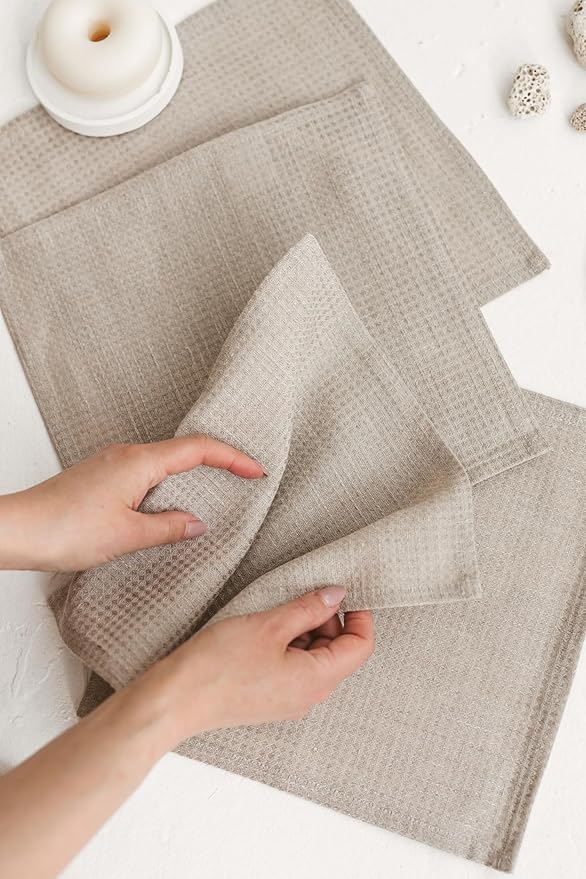 Waffle Washcloths for Bathroom - Pure 100% Flax Linen Washcloths 4-Pack 10x10 inch Linen Face Cloths - Waffle Weave Cleaning Cloths, Exfoliating Face Towel for Women