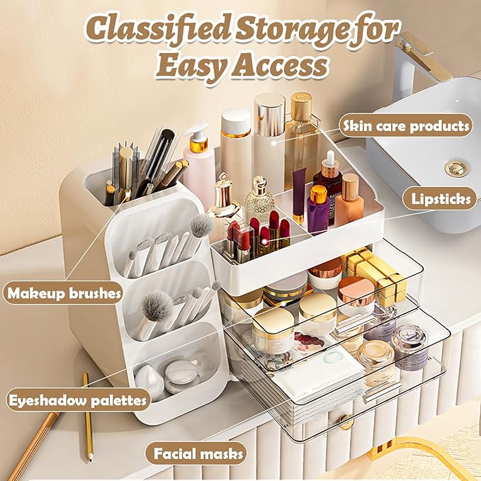 Makeup Organizer Countertop, Vanity Organizer with Brush Holder, Cosmetic Display Case with Drawers, Skincare Organizer for Dresser, Bathroom, Makeup Storage Holder for Women Christmas gifts