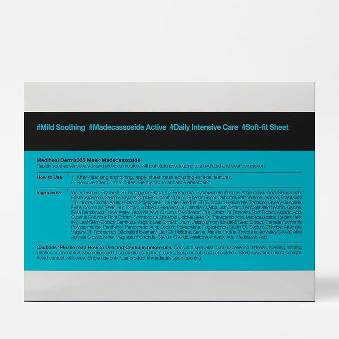 Mediheal Derma 365 Madecassoside Mask (30 Masks) - Daily Skin Care Mask for Deeply Comforting and Calming Skin with Madecassoside