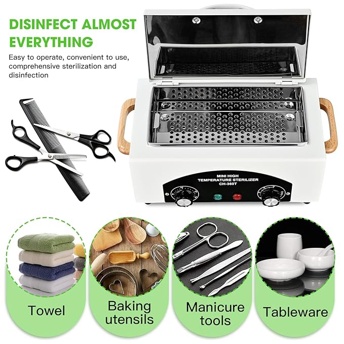 Sterilizer for Nail Tools 1.5L 110V 300W High Temperature Metal Clean Box with Adjustable Timer Temperature Sterilizer Cabinet for Manicure SPA Salon Metal Hairdressing Tool Equipment(white)