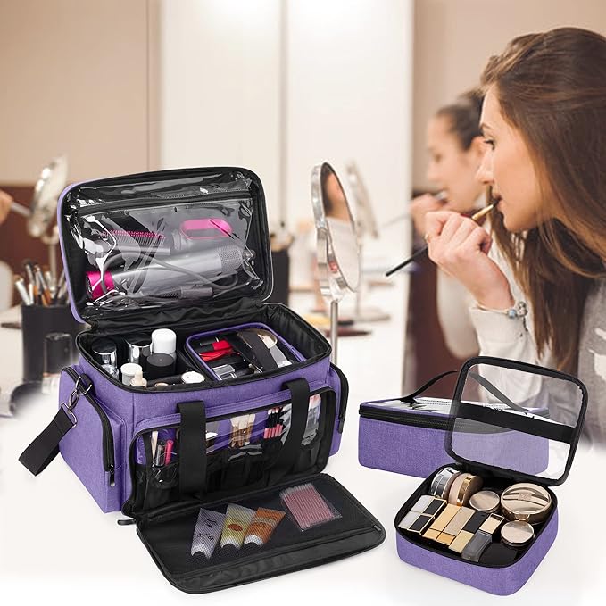 BAFASO Large Makeup Bag with 2 Removable Pouches and Detachable Dividers, Multifunctional Cosmetic Bag to Keep Makeup and Hair Supplies (Patent Pending), Purple