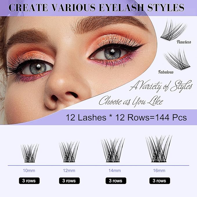 144PCS C Curl Natural Lashes Kit - Wispy Cluster Extensions for DIY, 10-16mm Lengths, Includes Lash Bond & Remover + Tweezers
