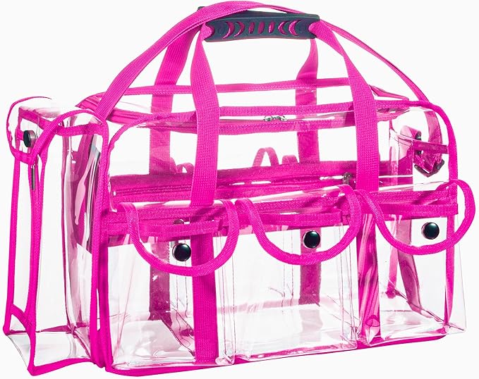 Wide Opening Large Professional Clear PVC Travel Makeup Artist Set Cosmetic Nails Beauty Bag Transparent Vinyl Tool Organizer Work Beach Diaper With 6 External Pockets & Strap (Pink)