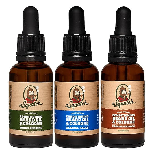 Dr. Squatch Conditioning Beard Oil & Cologne 3 Pack - Natural Men's Beard Oil Gift Pack - Nourish & Moisturize - Long Lasting Scent - Fireside Bourbon, Glacial Falls, Woodland Pine